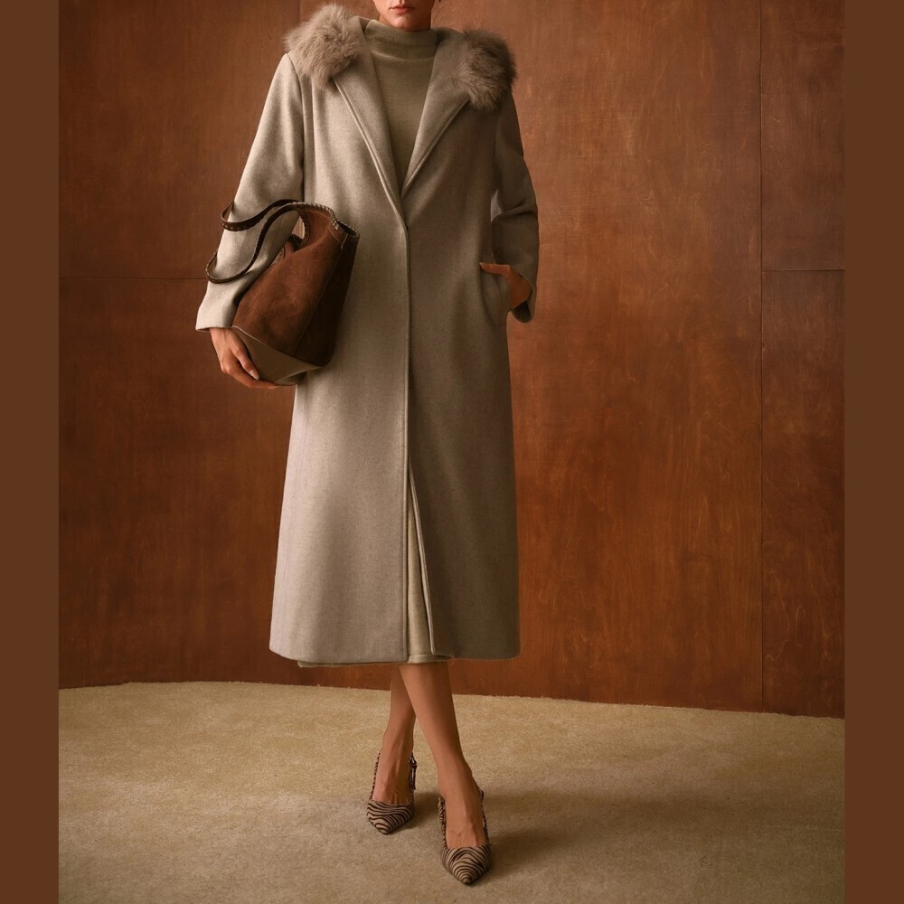 Gray Faux Fur Trim Hooded Longline Midi Overcoat
